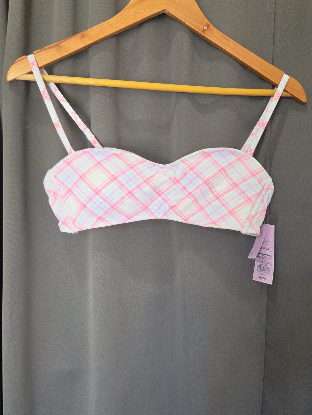 Plaid Bandeau Bikini top with Straps - Pink & White